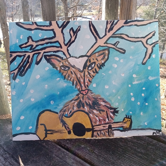 Deer in Snow Folk Art Painting Acrylic on canvas Original Art Winter Snow Holida - Picture 3 of 3
